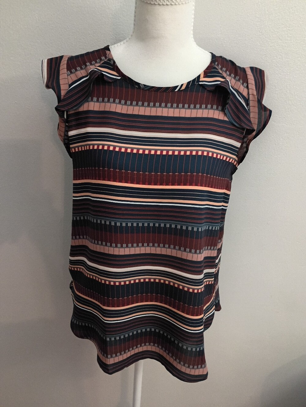 LOFT Striped Ruffle Cap-Sleeve Blouse - Navy & Rust